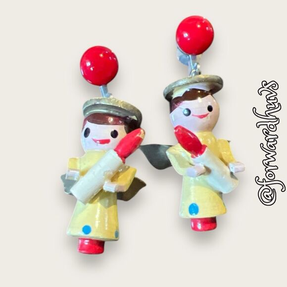 Antique Jewelry - Antique Hand-Painted Screw-Back Wooden Angel Earrings Marked Japan
